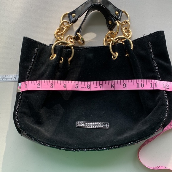 BCBGMAXAZRIA Black Suede Handbag Patent Leather & Gold Tone Chain Handle - Picture 10 of 13